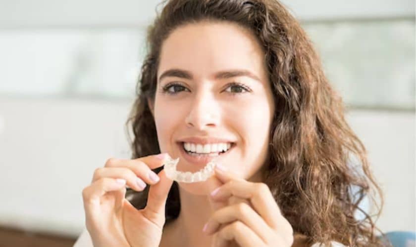 Woman smiling while flossing teeth in bright dental office setting.