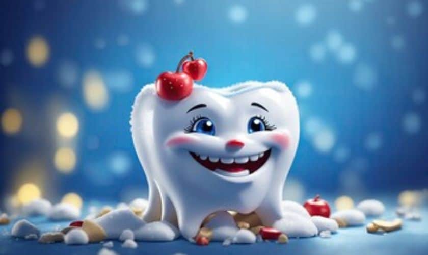 Smiling white tooth character with candy on head in festive winter setting with bokeh lights.